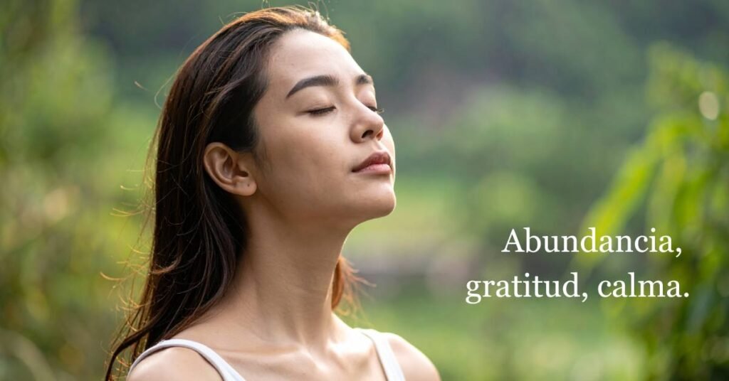 Mujer respirando en un ambiente natural con ojos cerrados.