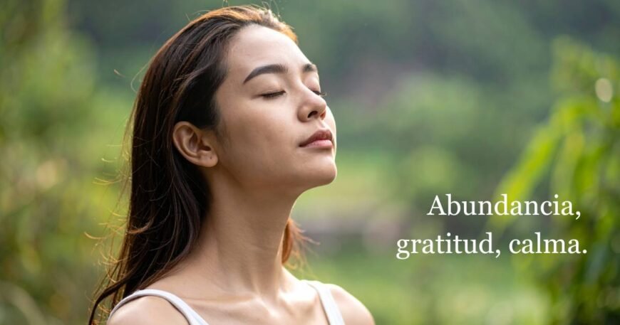 Mujer respirando en un ambiente natural con ojos cerrados.