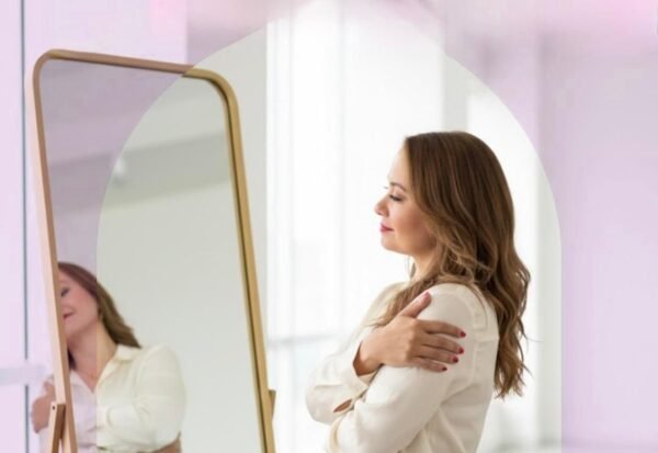 Coach María Isabel frente al espejo en una pose de abrazo