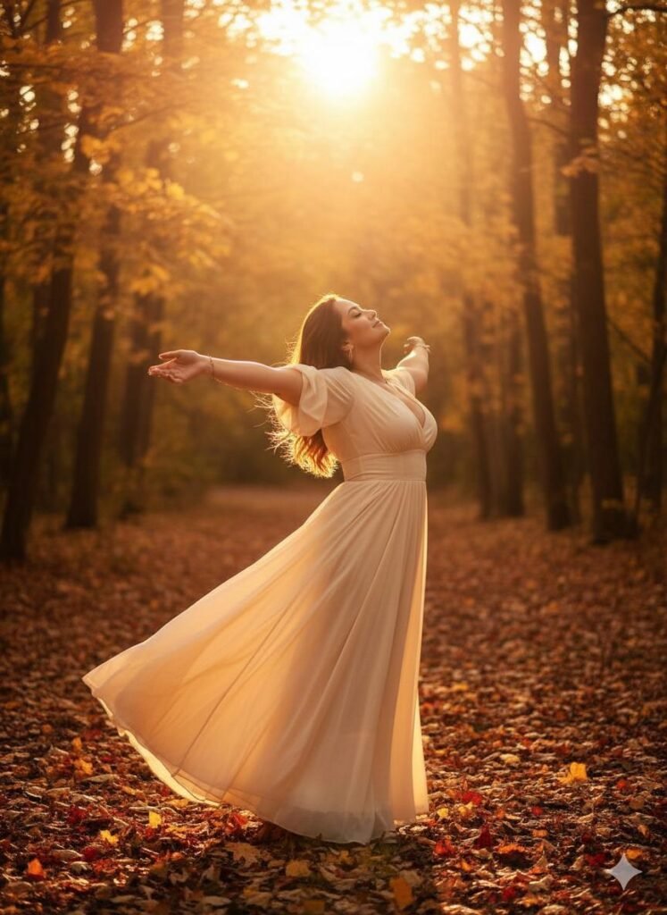 Mujer abriendo los brazos en señal de agradecimiento en un bosque a la luz de un atardecer de tonos naranja y café.